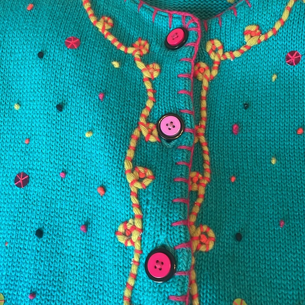 Susan Bristol Plus Size 2X Turquoise Blue Holiday Long Sleeve Cardigan Sweater - Picture 7 of 10